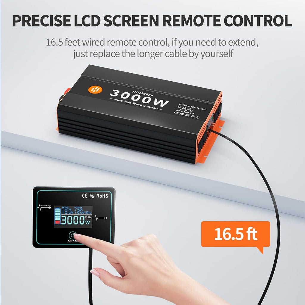 3000W Pure Sine Wave Power Inverter 12V DC to 110V AC Converter Peak Power 6000W for RV Truck Off-Grid Solar Car Inverter with 4 AC Outlets, 2 USB & 1 Type-C Ports, Cables Included, Remote Controller