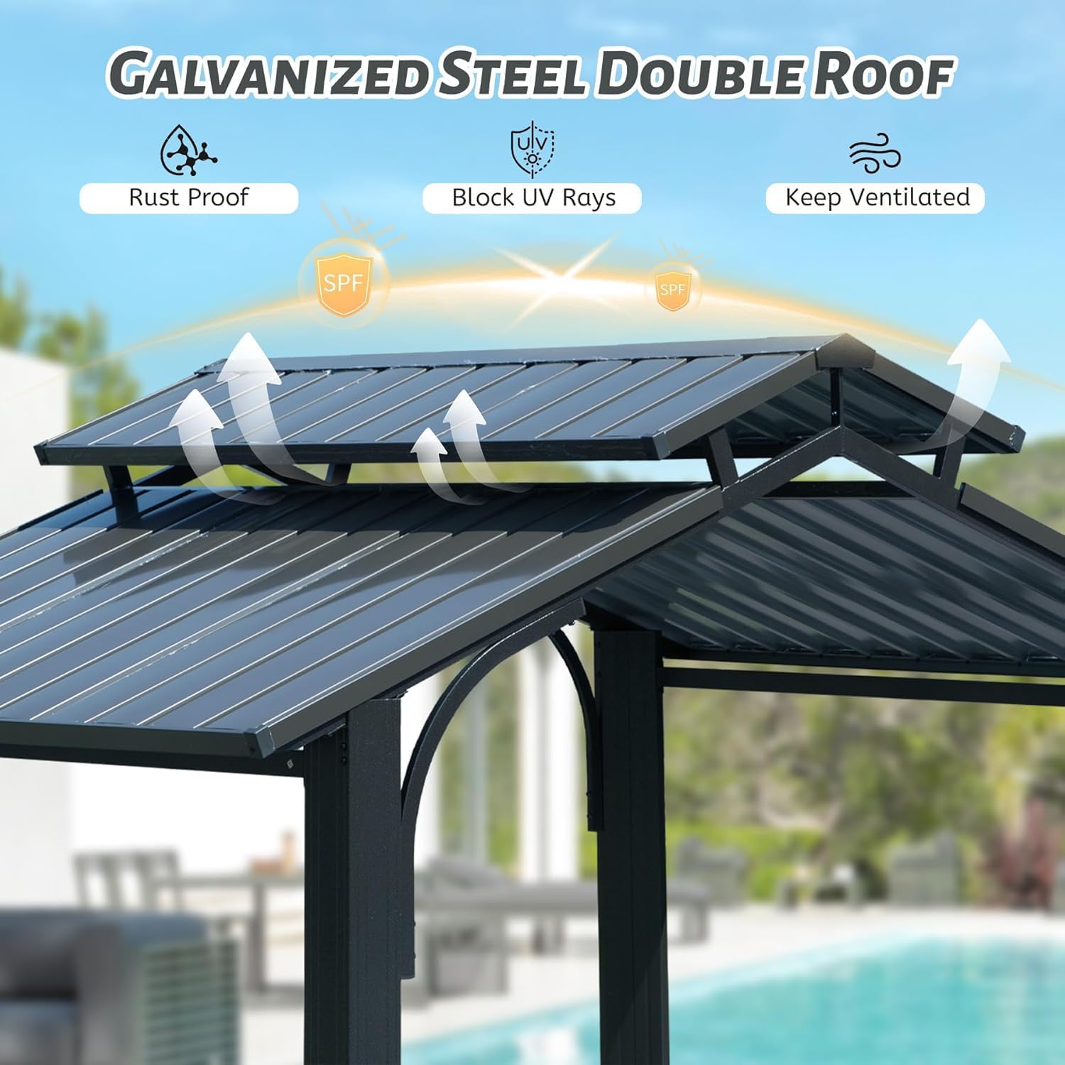 【LuckyNote】8×5FT Hardtop Grill Gazebo, Outdoor BBQ Gazebo w/Galvanized Steel Double Roof, Permanent Sun Shade Grill Canopy Shelter with 2 Side Shelves and Ceiling Hook for Patio Deck,2 parcels (Grey)