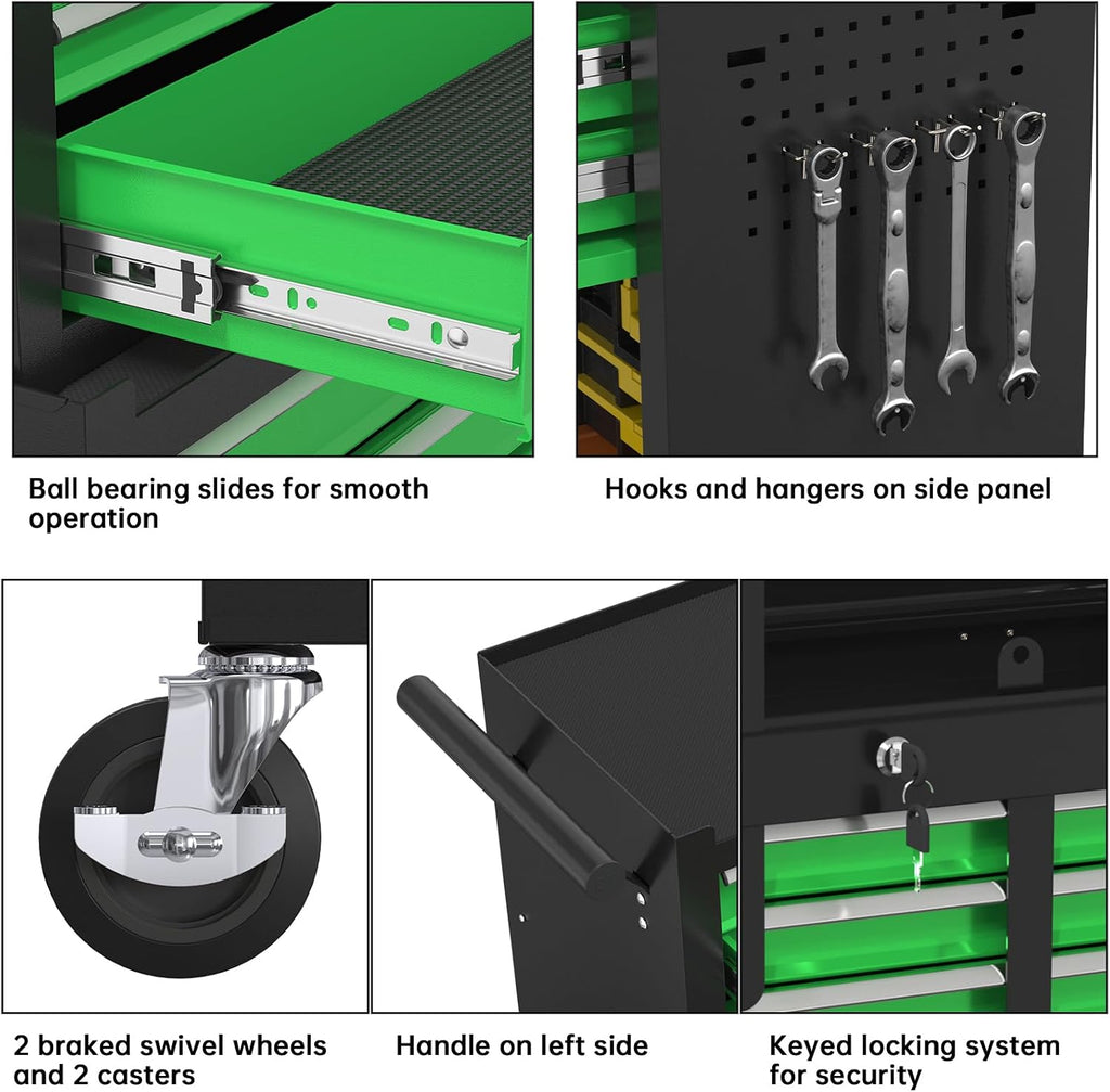 High Capacity Rolling Tool Boxes with Wheels and Drawers, 8-Drawer Storage Cabinet,Detachable Organizer Combo,Mobile Lockable Toolbox for Workshop Mechanics Garage (Blackgreen)