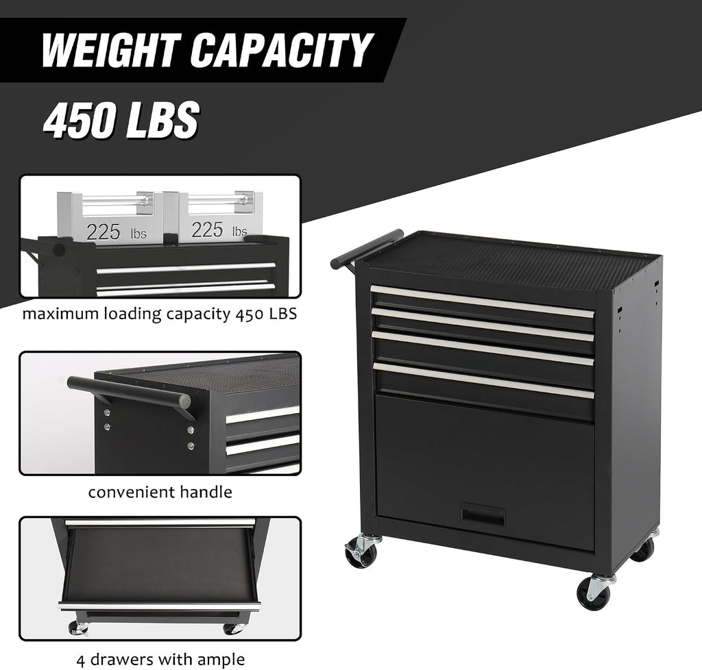 4 Drawers Rolling Tool Chest Cart,Tool Storage Cabinet with 4 Wheels.Portable Tool Cabinet Trolley with Locking System and Drawer Liners.Tool Storage Cart for Garage,Workshop,Repair Shops