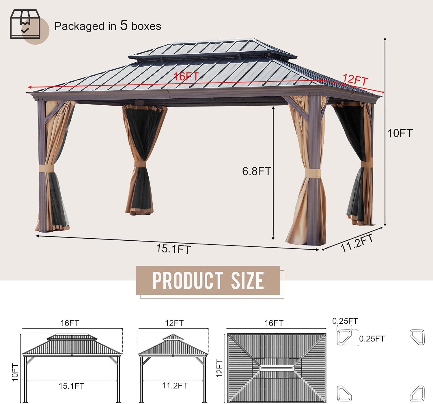 12'x16' Hardtop Gazebo with Netting and Curtains, Outdoor Aluminum Frame Pergola, Heavy Duty Metal Double Roof of Galvanized Steel Pavilion for Patio, Backyard, Deck, Lawns