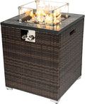 24in Outdoor Propane Gas Fire Pit Table, 40,000 BTU Auto-Ignition Gas Firepit with Glass Wind Guard, Marble Tile Tabletop, Mixed Color Glass Rocks, Brown PE Rattan