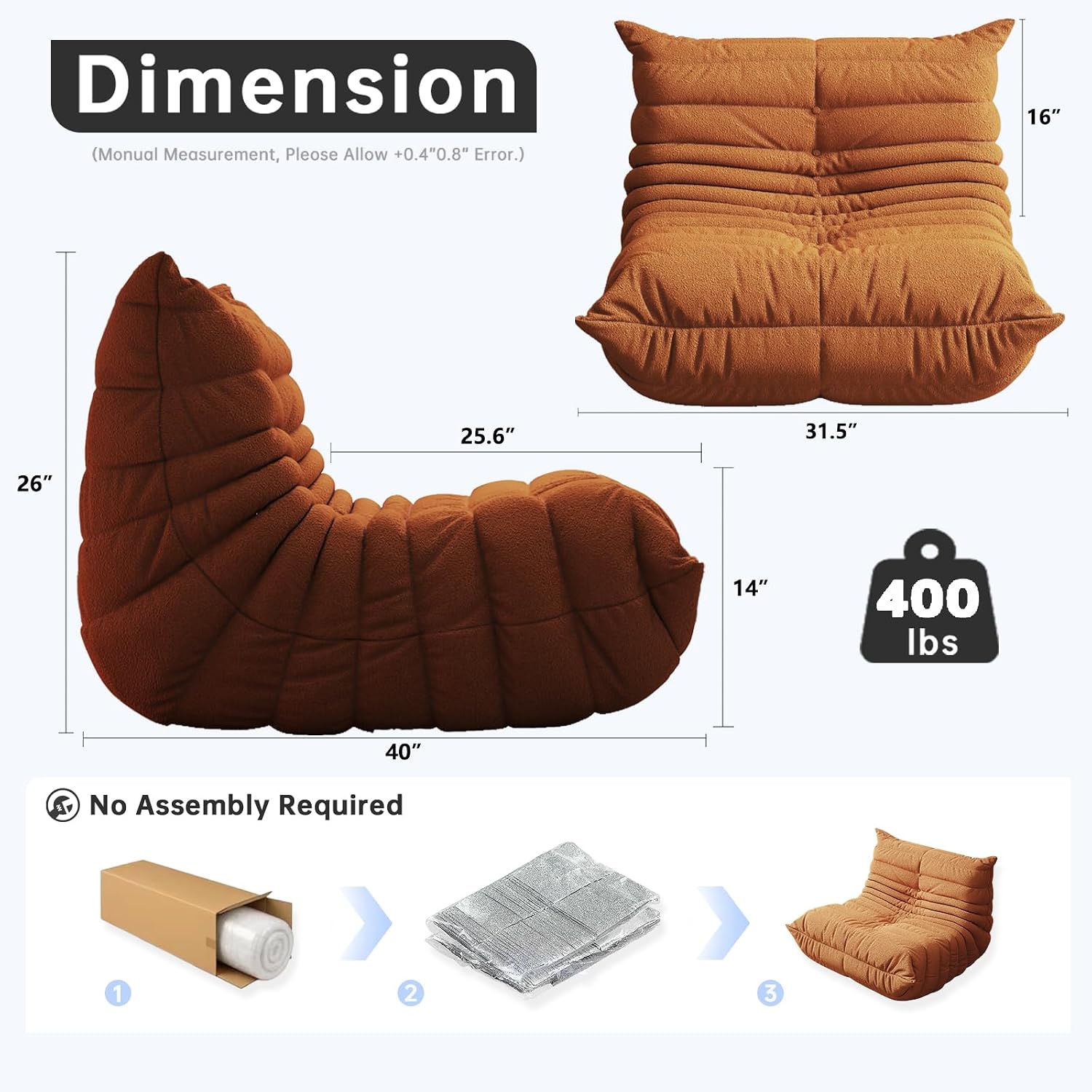 WHGBJA Memory Foam Bean Bag Chair for Adults, Teddy Material Beanbag Sofa with Filler, Cozy Floor Lounge Seat for Living Room, Bedroom, Dorm, Office (Orange)