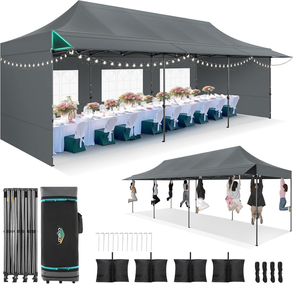 COBIZI 10x30 Pop Up Canopy Tent with Awning & Sidewalls, Heavy Duty Commercial 10X30 Canopy Tents Instant Waterproof, UPF 50+ Sun Shade for Outdoor, Parties, Markets (Gray)