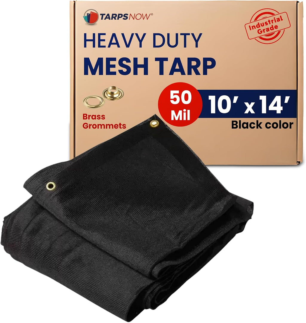 Tarps Now 10' x 14' Heavy Duty Mesh Tarp with 75% Shade and Brass Grommets - Multipurpose Protective Cover Tarpaulin with Air Flow for Tie Downs, Shade, Fences, Canopies, Dump Trucks - Black