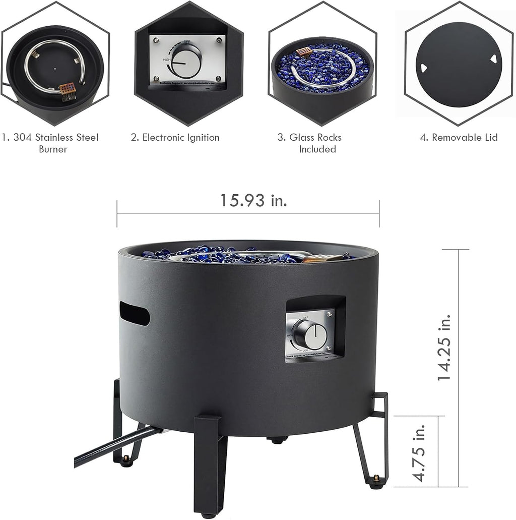BAIDE HOME Portable Propane Fire Pit for Camping RV 50,000 BTU Round 15'' H x 16'' W Portable Gas Firepit W/Lid, Glass Rocks & Weather Resistant for Outdoors, Propane Extension Hose, Black