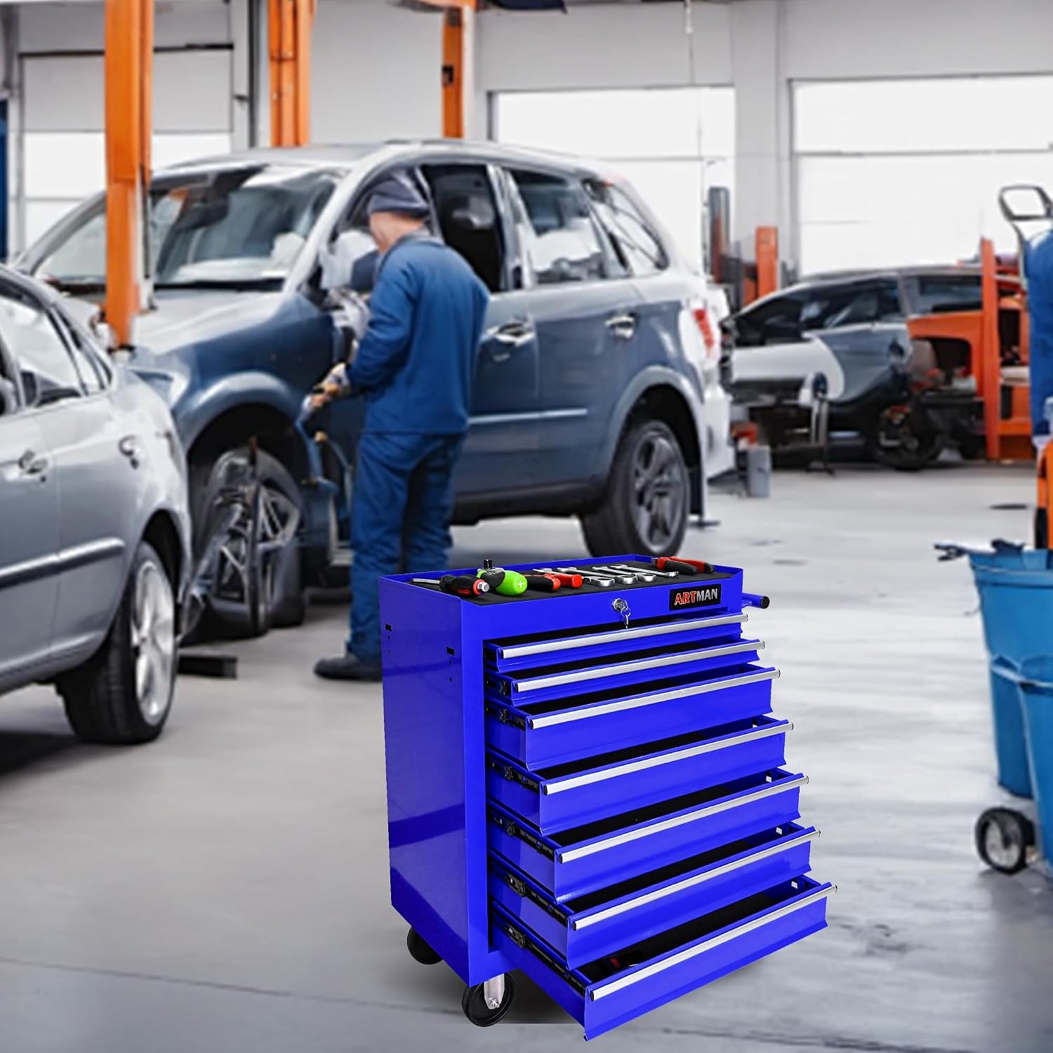 7 Drawers Rolling Tool Cart on Wheels, Multifunctional Organizer Tool Chest Tool Case, Trolley Tool Storage Tool Box for Workshop,Garage,Repair Shop (7 Drawers 24.2' W×12.9' D×29.9' H-Blue)