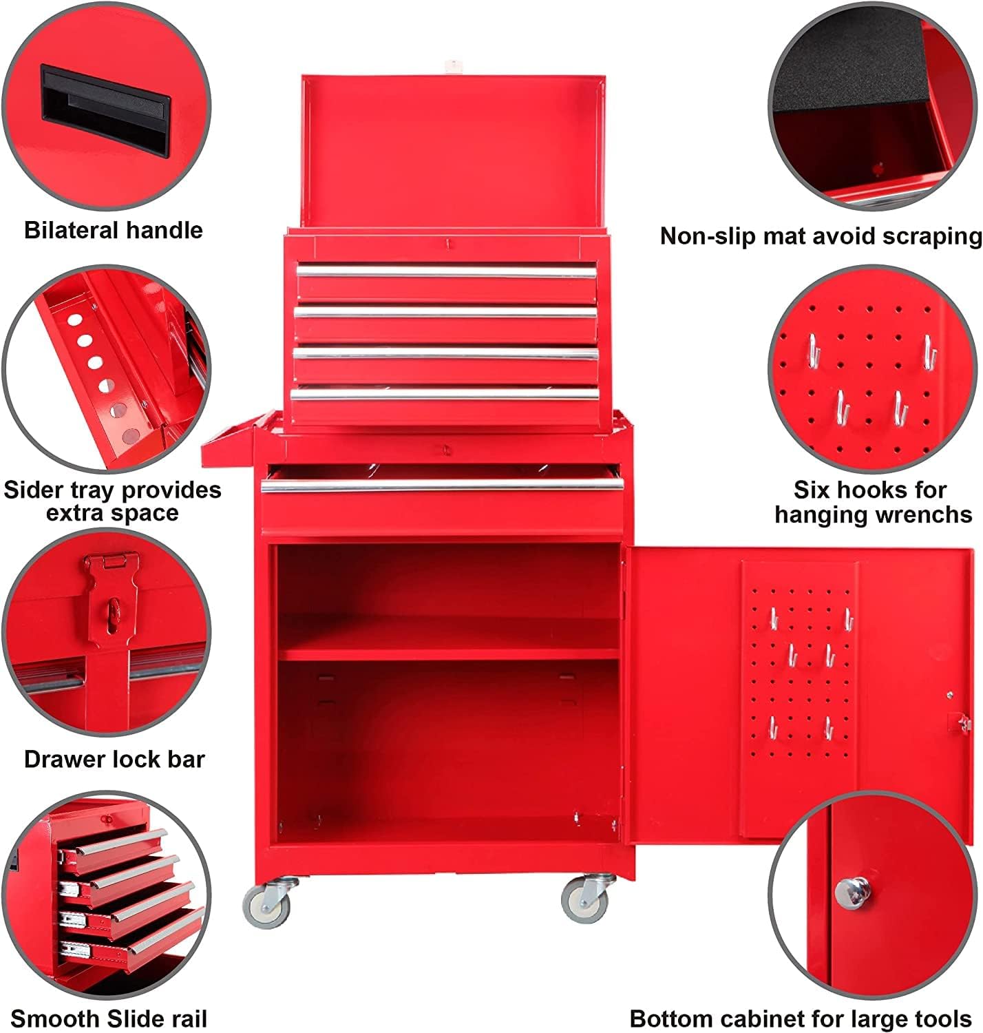 Road DAWG ATBT1204D-Red Torin Rolling Garage Workshop Tool Organizer: Detachable 4 Drawer Tool Chest with Large Storage Cabinet and Adjustable Shelf, Red