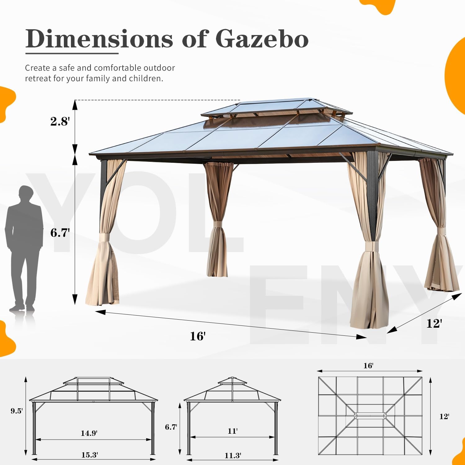 YOLENY 12'x16' Hardtop Gazebo, Outdoor Polycarbonate Double Roof Canopy, Aluminum Frame Permanent Pavilion with Curtains and Netting, Sunshade for Garden, Patio, Lawns