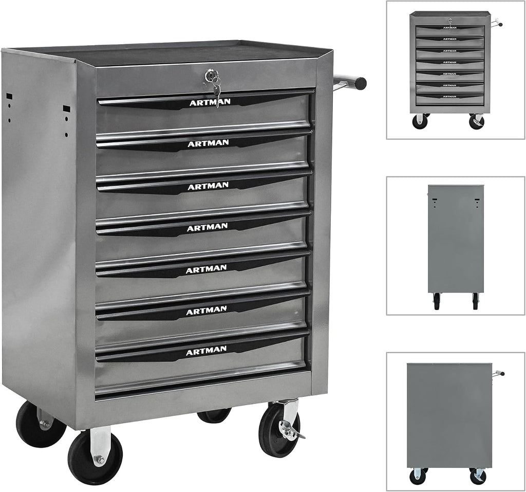 Rolling Tool Chest Cart with 7 Drawers,Storage Tool Cabinet on 4 Wheels. Lockable Tool Cart with Drawer Liners.Steel Tool Box Organizer for Garage,Repair Workshop-Silver