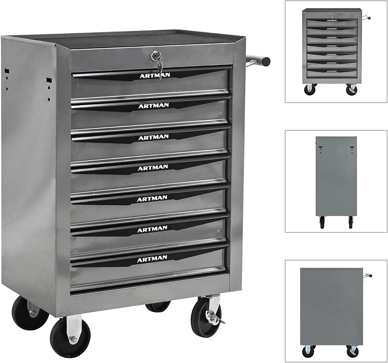 Rolling Tool Chest Cart with 7 Drawers,Storage Tool Cabinet on 4 Wheels. Lockable Tool Cart with Drawer Liners.Steel Tool Box Organizer for Garage,Repair Workshop-Silver