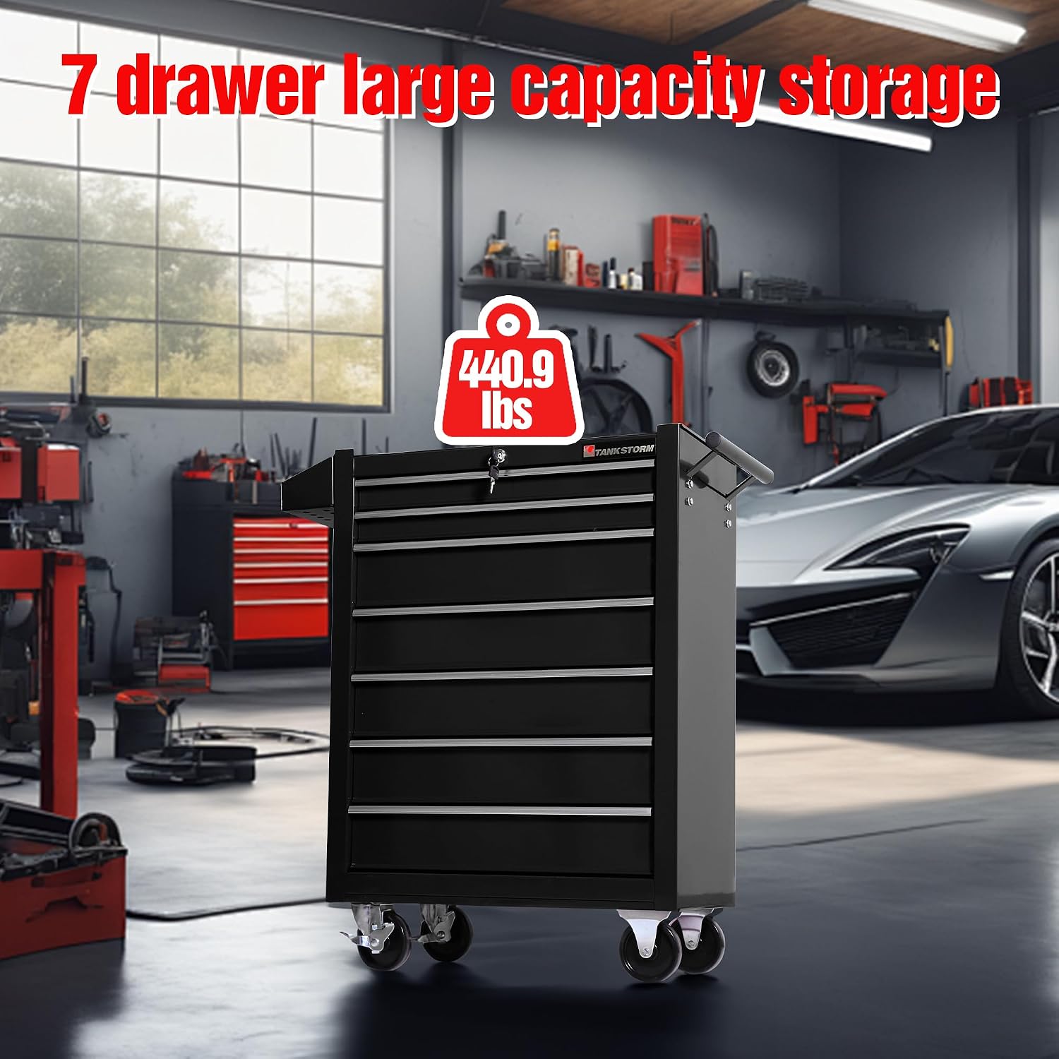 Tool Chest Heavy Duty Cart Steel Rolling Tool Box 7 Drawer Cart (TZ37-BK)