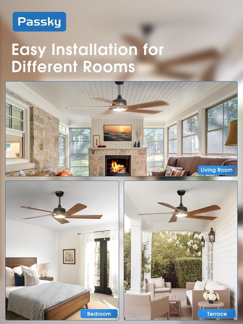 Passky Ceiling Fans with Lights and Remote, 60 inch Walnut Wood 5 Blades Ceiling Fan, Reversible, 3CCT, Dimmable, Noiseless, 6 Speeds Ceiling Fans for Bedroom Living Room Farmhouse Gazebo Patio