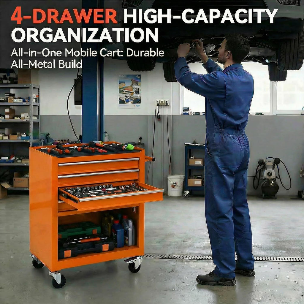 4 Drawers Tool Cart on Wheels, Rolling Tool Box Tool Storage, Drawers Rolling Tool Box Organizer Tool Case for Garage, Warehouse, Workshop, Repair Shop (4 Drawers-Orange)
