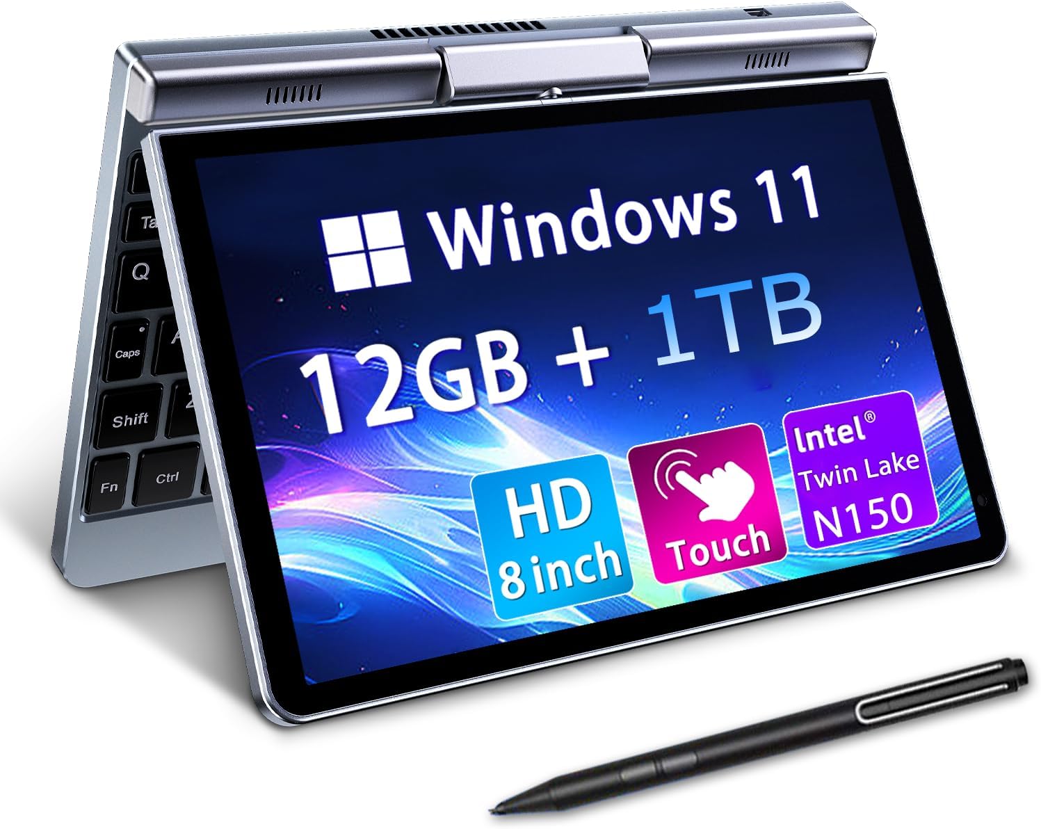 Mini Laptop 8' 2-in-1, Laptop Computer Win 11, Intel N150(up to 3.6GHz), 12GB RAM 1TB SSD, Touchscreen HD, Backlit Keyboard, Wi-Fi 6, USB-C, Lightweight Portable PC for Work/Kids/School