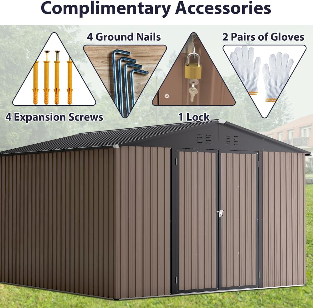 Large Outdoor Storage Shed 10x12 FT, Heavy-Duty Metal Garden Tool Organizer with Lockable Doors and Weather-Resistant Roof for Backyard (10x10 ft Brown)