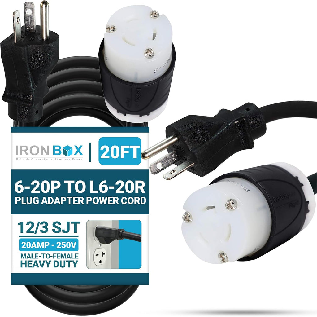 IronBox Electric 6-20P to L6-20R Plug Adapter Power Cord - 20A, 250V, 12/3 SJT - UL Listed Power Cord Extension Cable - Heavy Duty Plug and Connector for Generator, Data Centers & More (20ft, Build)