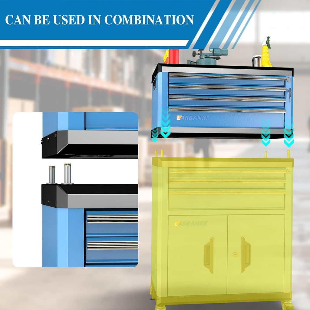 4-Drawer Tool Box with Lock&Keys,Portable Tool Box with Multifunctional Countertop,with Drawer Liner&Connecting Holes, Stacking with Same-Series 5&7-Drawer Tool Chests to Combine a Larger One
