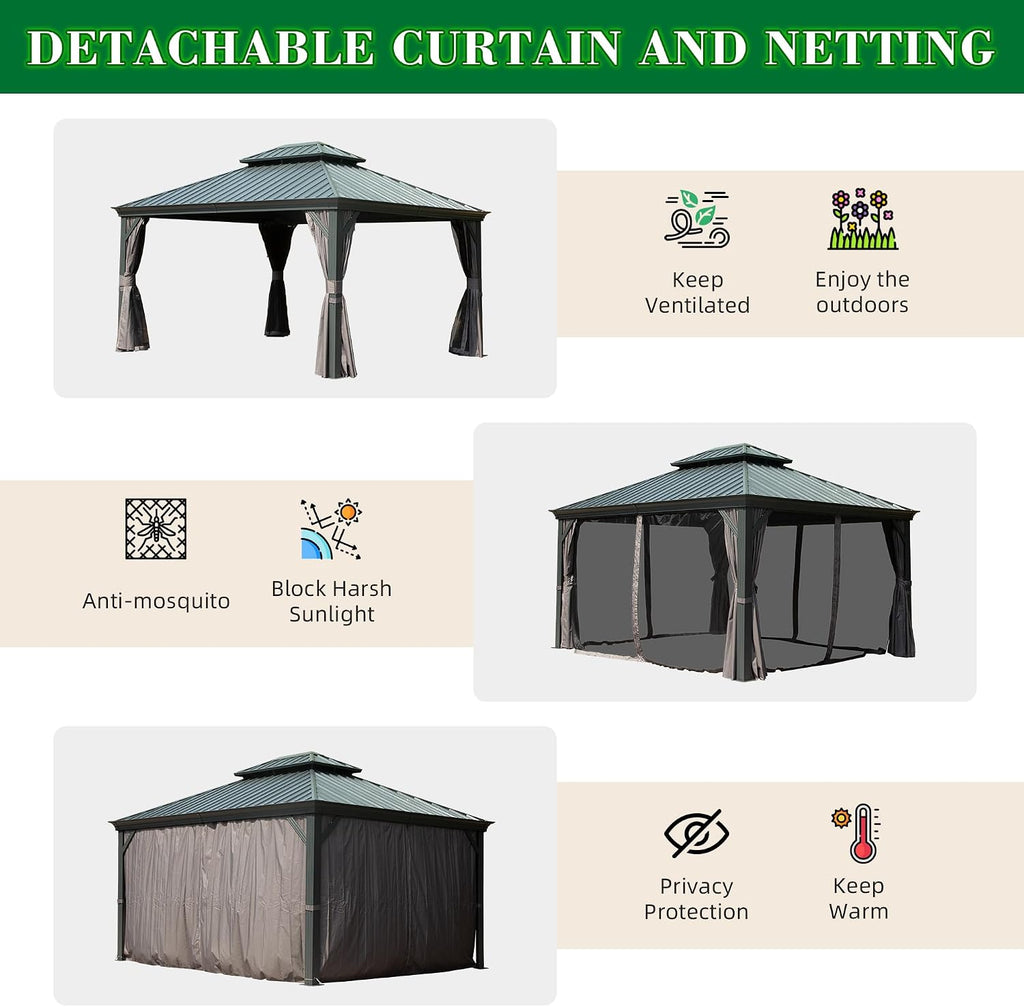 Domi 10x12FT Hardtop Gazebo, Outdoor Gazebo with Double Galvanized Steel Roof, Metal Pavilion Shelter for Patio, Lawn and Garden, Detachable Curtain and Netting Included, Gray