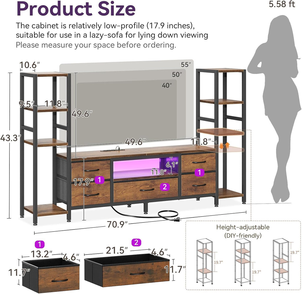 Casaottima TV Stand for 40/50/55 Inch TV, Low-Profile Entertainment Center with LED Lights & Power Outlet, TV Stand with Drawers & Open Shelves for Storage for Small Spaces/Gaming, Rustic Brown