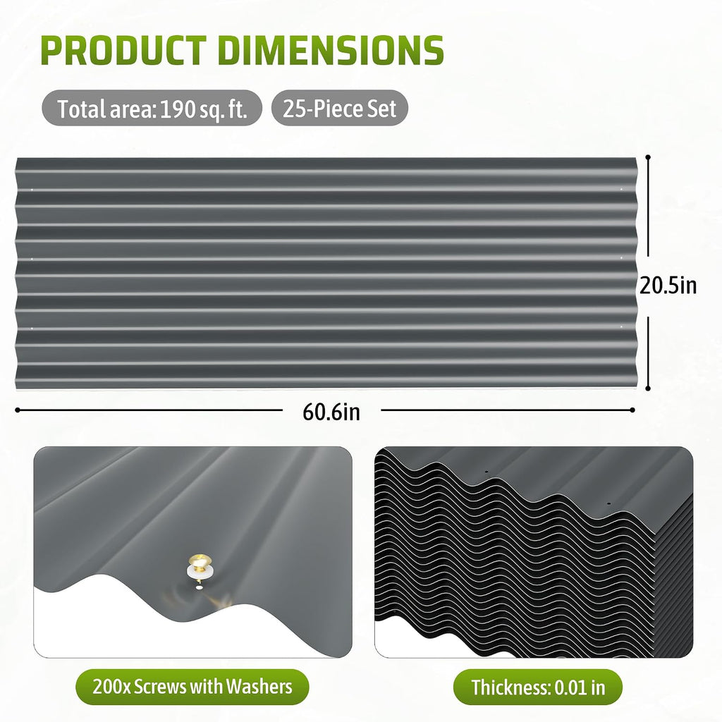 Metal Roof Panels 25Pcs 60.6×20.5 Inches with Screws, Corrugated Tin Roofing Panels Waterproof,Steel Wall Panel Siding Panels Sheets for Garages Sheds Chicken Coop Stables and Mobile Homes,Grey