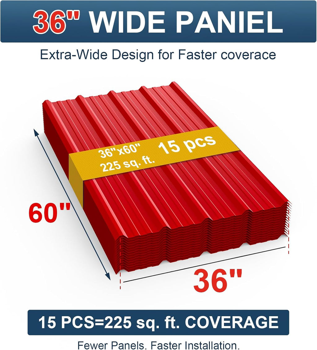 15 Pack PPGI Metal Roofing Panels, 60' x 36', 28 Gauge, 225 Sq. Ft. Coverage, Prepainted Galvanized Steel Sheets for Residential, Commercial, Pergolas, Gazebos, Fencing, and Patio Roofs（Red）