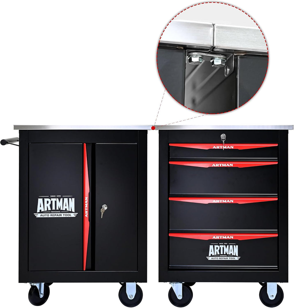 1 Cabinet Tool Cart on Wheels with Stainless Steel Worktop, Heavy Duty Mobile Rolling Drawer Tool Chest with Locking Wheels & Lockable Drawers, Garage Tool Storage Cabinet (Black, 1 Cabinet)