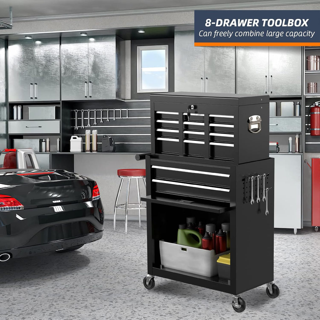 8-Drawer Rolling Tool Box, Lockable Rolling Tool Chest with Wheels and Drawers, 2 in 1 Large Capacity Storage Tool Cabinet for Warehouse, Garage, Tool Room and Repair Shop (Black)