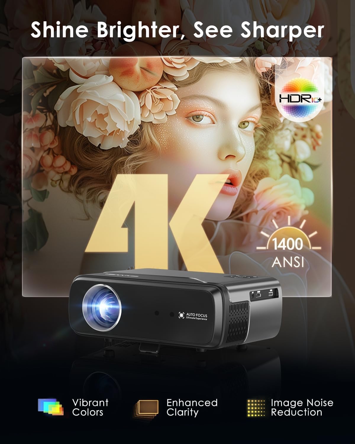 4K Decode Home Theater Projector HDMI 2.1, ARC, Google TV OS, Portable Smart Bedroom Movie Gaming Projector 4K HDR, with WiFi 6, Bluetooth, Dolby Audio, Voice Control, Apps, Auto Focus, ZOOM, 1400ANSI