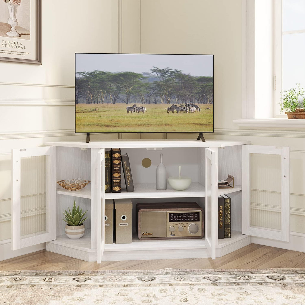 Panana Corner TV Stand - 47 Inch Media Console with 4 Doors and Shelves, Living Room Storage for TVs up to 51 Inch (White)