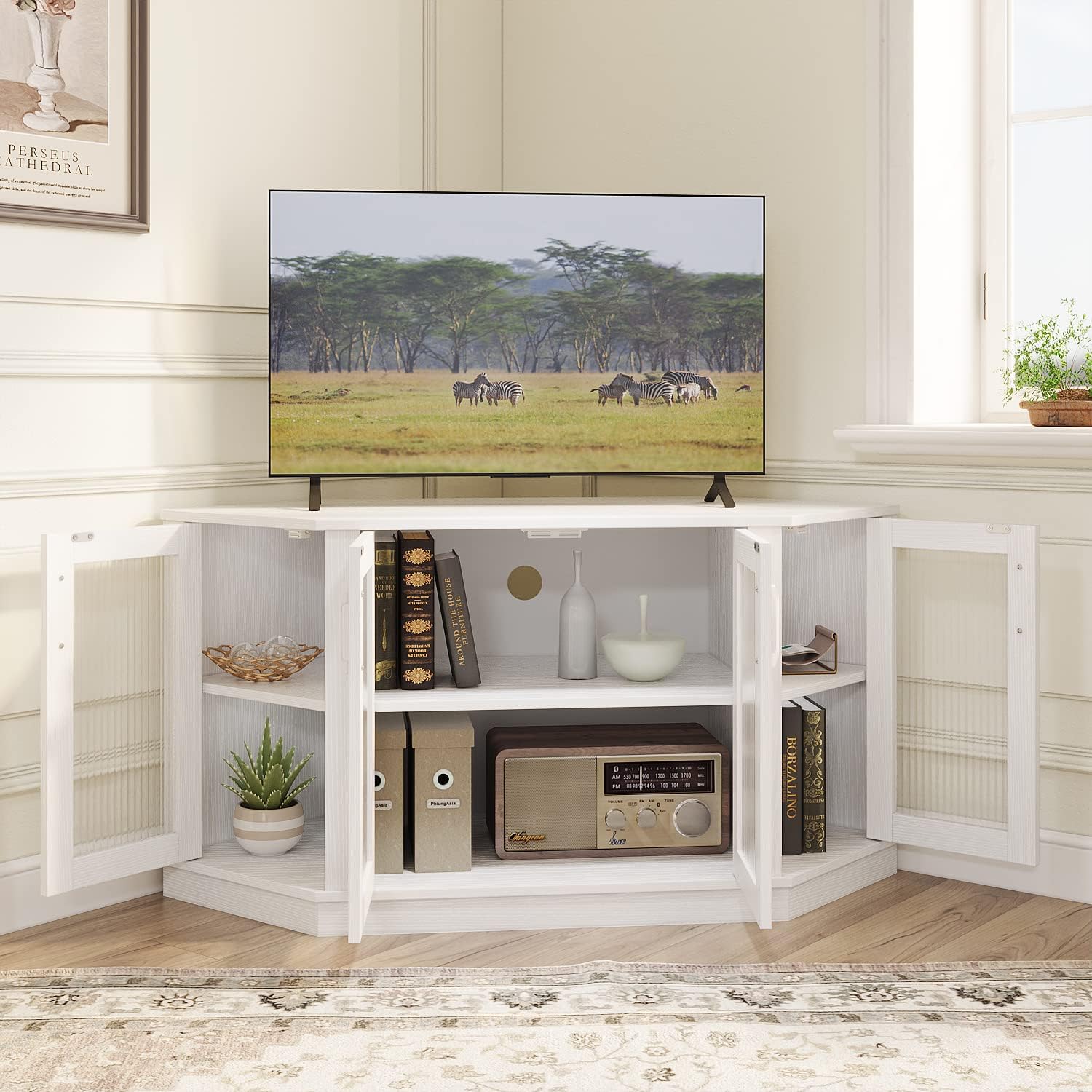 Panana Corner TV Stand - 47 Inch Media Console with 4 Doors and Shelves, Living Room Storage for TVs up to 51 Inch (White)