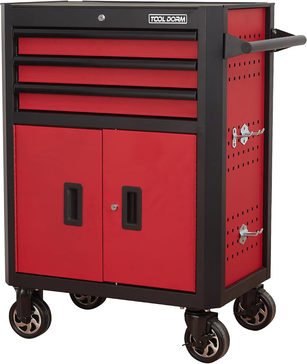 Tool Chest with Wheels - 28inch Tool Box with 3 Drawers & 1 Big Tool Cabinet with 2 Door, Metal Rolling Tool Cabinet with Locking System, for Garage, Warehouse, Workshop, Repair Shop