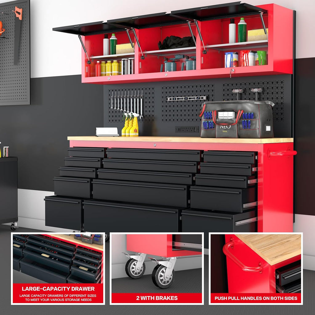 AIRAJ 72-inch Rolling Tool Chest,Garage Workbench with 15 Storage Drawers,Heavy-Duty Tool Cabinet on Wheels with Solid Rubber Wood Top,3 Upper Cabinet,Pegboard & Power Strip for Tool Organization