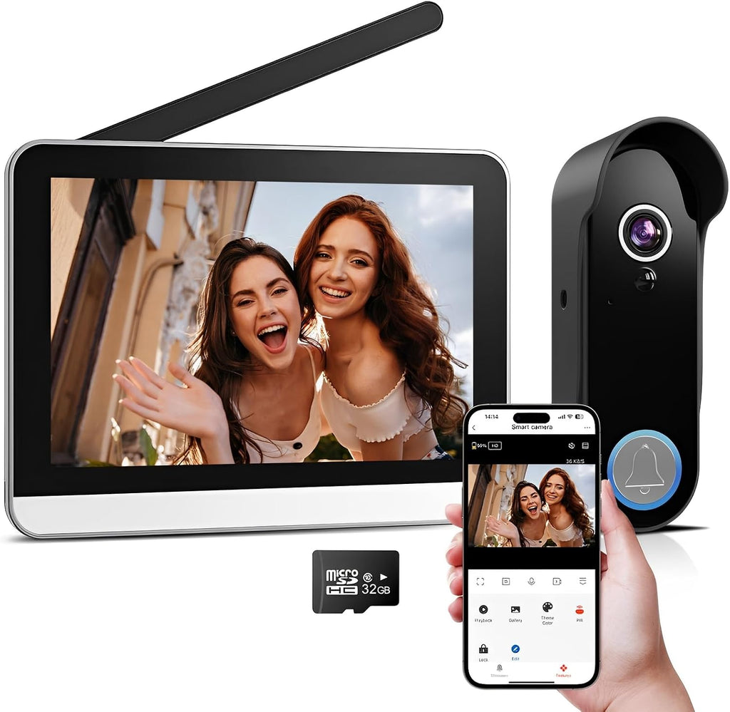 Wireless Doorbell Camera with Monitor Video Door Phone Intercom System 1080P 7'' Touch Screen Two-Way Audio Smart Door Bell with Night Vision, Motion Detection, No Monthly Fees, Tuya APP