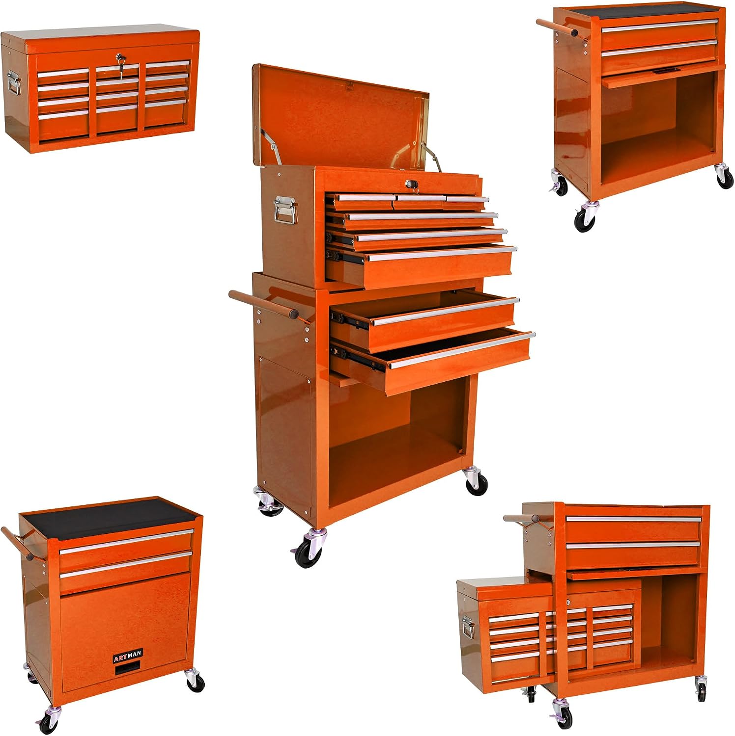 Rolling Tool Chest, 8 Drawers Rolling Tool Chest with Wheels, Portable Rolling Tool Box On Wheels, High Capacity Tool Chest Organizer for Garage, Workshop, Home Crafts Use Orange Color