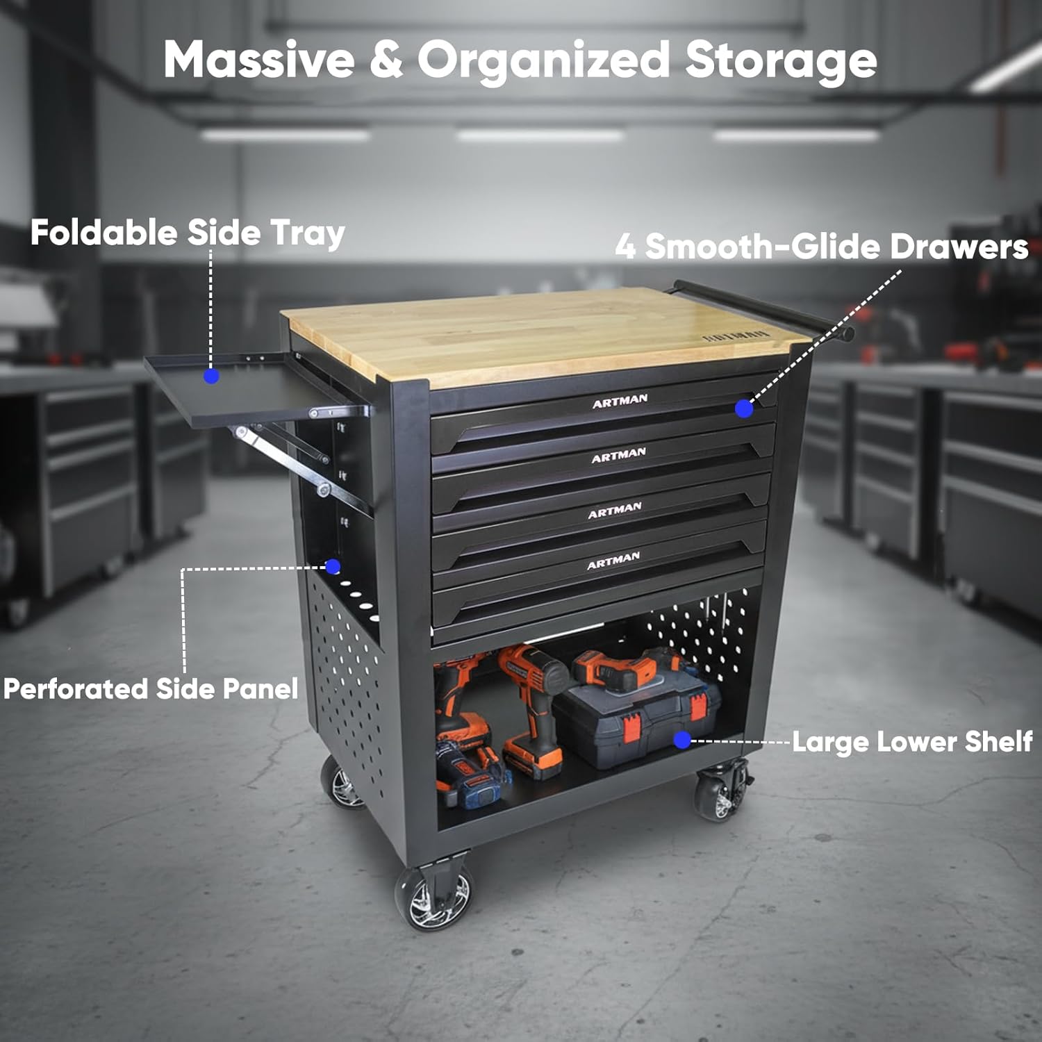 JOYBASE Rolling Tool Chest with 4 Drawers & Wood Top, Heavy Duty Steel Tool Cart on Wheels, Mobile Garage Organizer & Storage Cabinet for Workshop & Mechanic (Black)