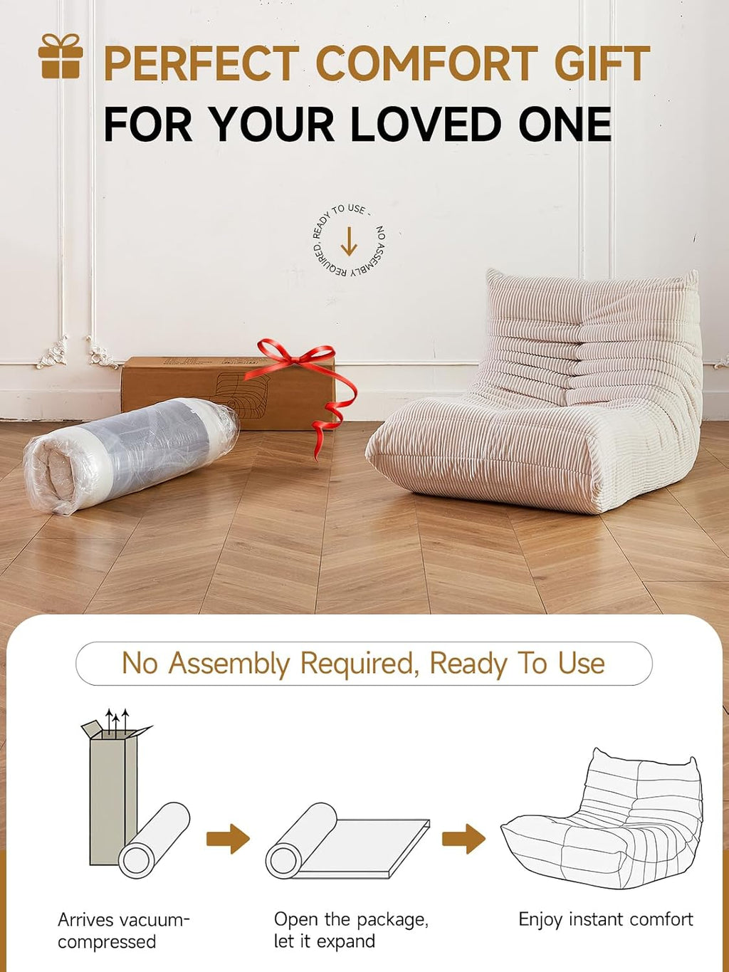 ZCUBED Large Bean Bag Chairs for Adults, Memory Foam Lounge Chair, Soft Corduroy Big Bean Bag Chair Lazy Sofa, Comfy Floor Beanbag Chair Single Sofa for Bedroom Living Room Fireside Book Nook, Beige