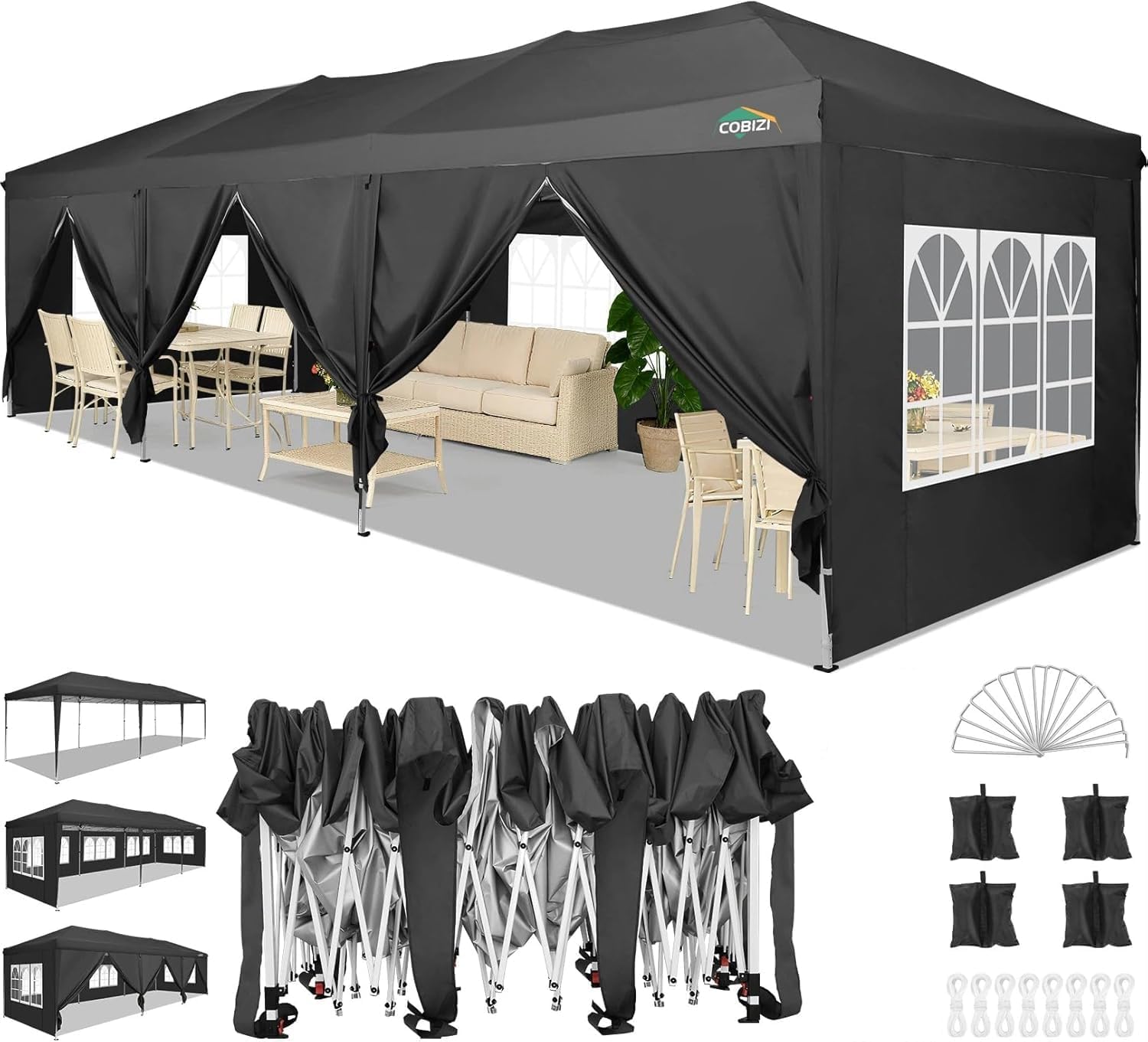 COBIZI Canopy 10x30 Pop Up Canopy Tent with 8 Sidewalls Party Tents for Parties Wedding Backyard Waterproof Outdoor Commercial Event Tent with Stakes, Ropes, Sandbags, Black