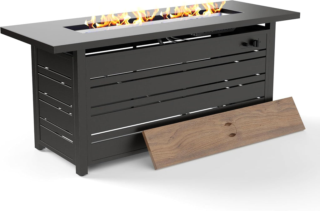 SUNSHINE VALLEY Propane Gas Fire Pit Table 57' 0utdoor Firepit Table Rectangular Wood-Like Tabletop with Glass Rock, Black Outdoor Fire Pit for Patio Outdoor Outside Garden Backyard Deck