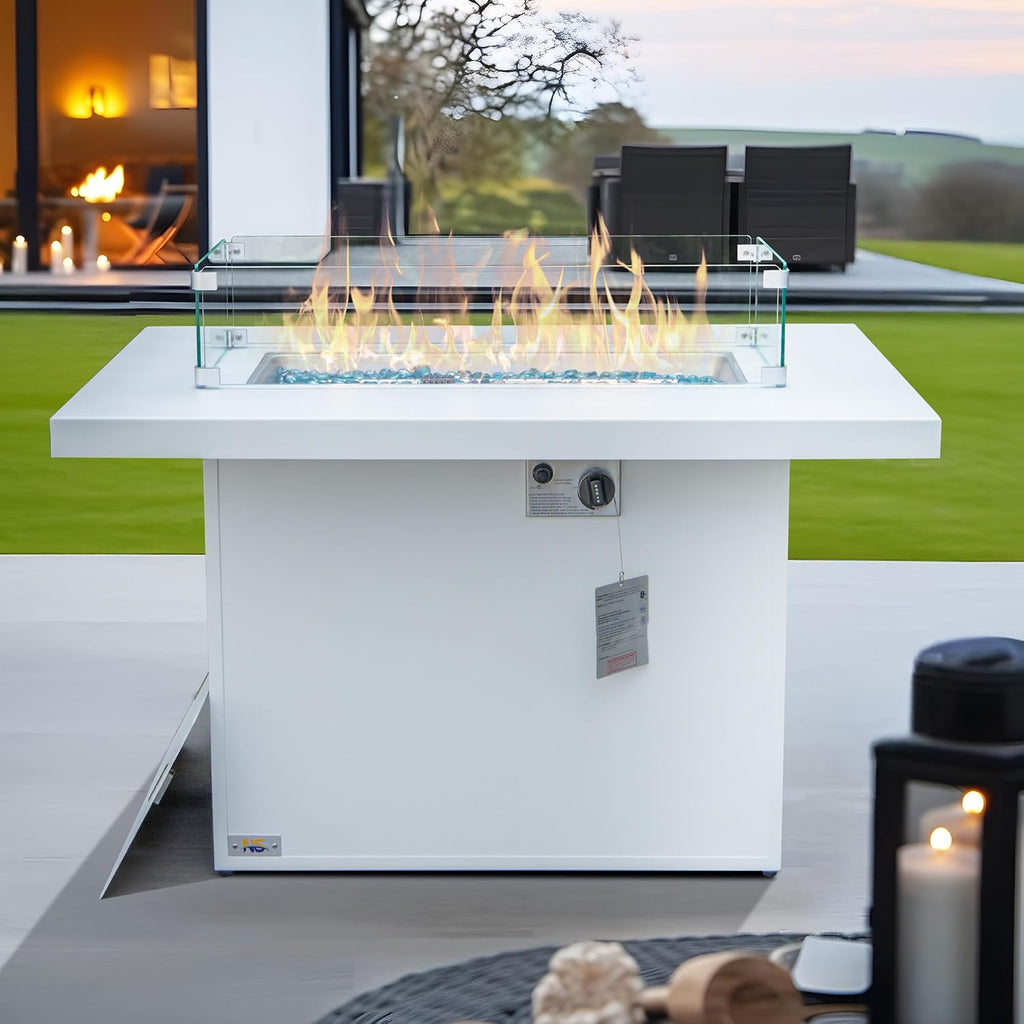 NICESOUL 43' Aluminum Outdoor Propane Fire Pit Table, 60,000 BTU Rectangle Natural Gas Firepits, Rust-Proof All-Weather Fire Table with Wind Guard & Glass Rocks for Patio Outside CSA-Certified, White