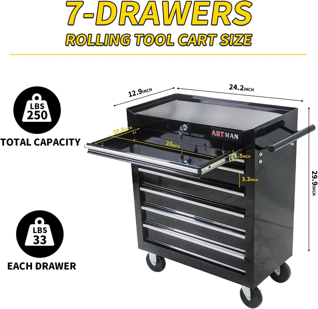 7-Drawer Rolling Tool Chest with 7-Drawer Tool Box with Wheels Multifunctional Tool Cart Mechanic Tool Storage Cabinet for Garage, Black