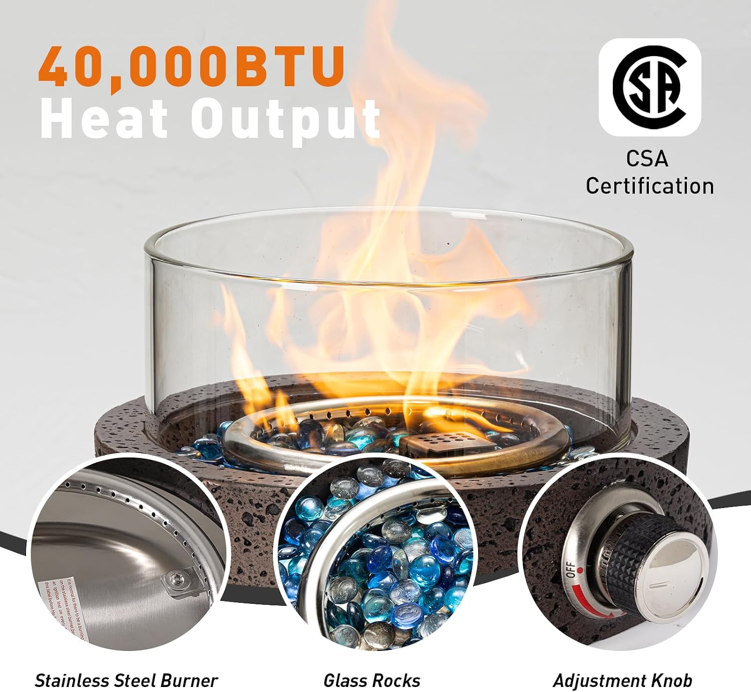 COSIEST 12' Tabletop Fire Pit, Outdoor Propane Fireplace w Magnesium Oxide Round Base, 40,000 BTU Stainless Steel Burner, Glass Rocks, Glass Wind Guard, Fits 20lb Tank Outside