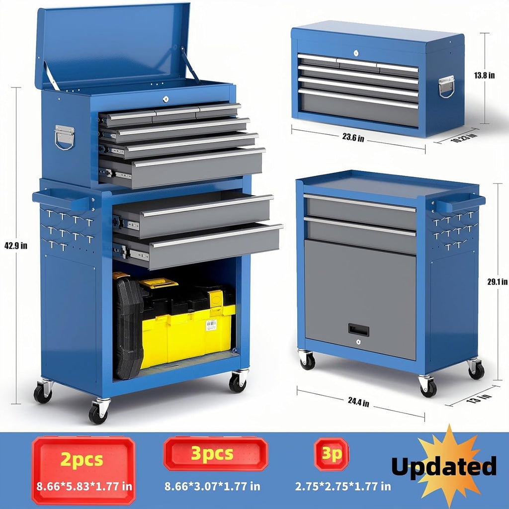 AIRAJ 8-Drawer Tool Chest with 360° Swivel Castors,42' Rolling Tool Chest with Drawers and Lock,2-in-1 Detachable Metal Cabinet with Drawer Liners and Trays,Suitable for Garages,Workshops &Warehouses