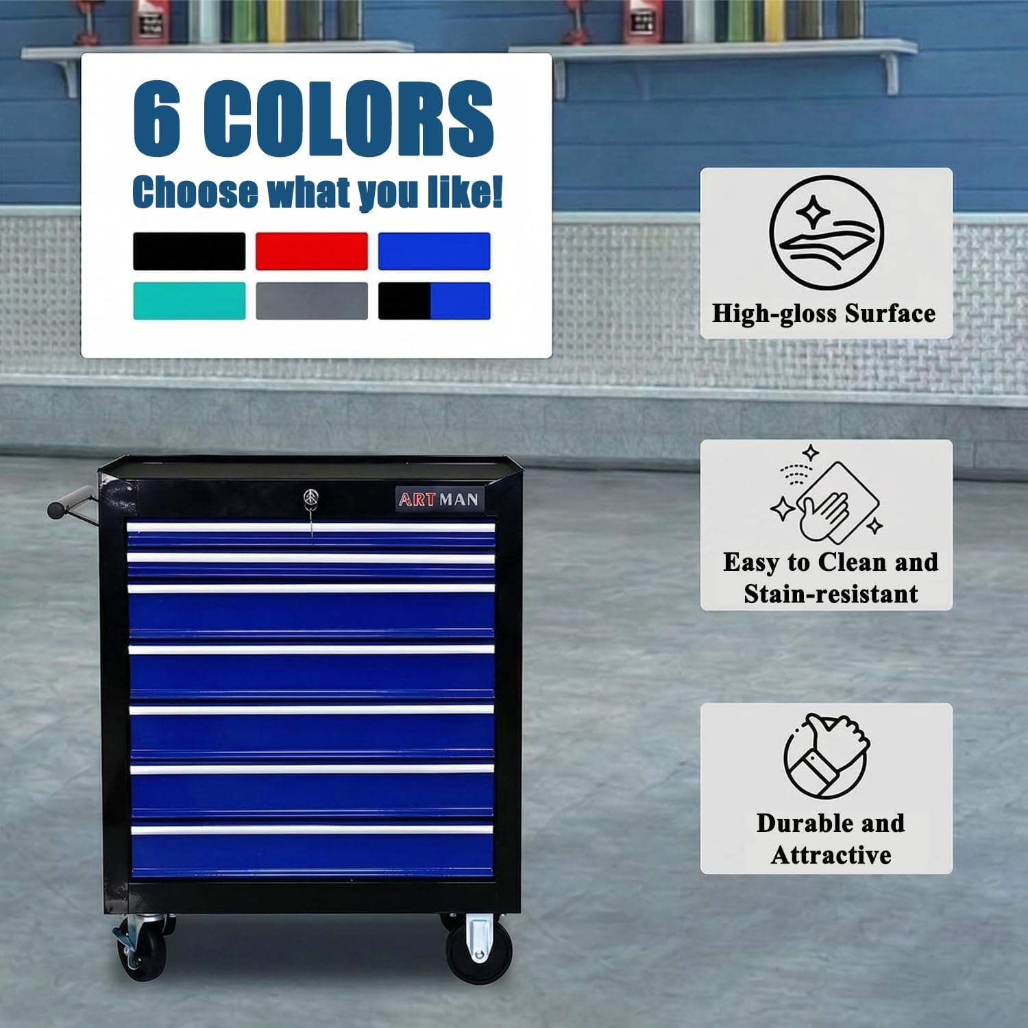 7 Drawers Tool Cart on Wheels,Multifunctional Rolling Tool Chest Tool Storage,Drawers Rolling Tool Trolley Organizer Tool Case for Garage,Warehouse,Workshop,Repair Shop (7 Drawers-Black&Blue)