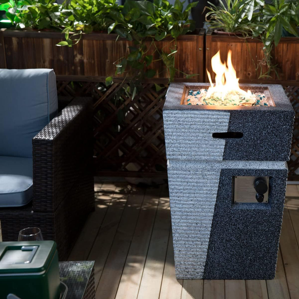 20' Outdoor Propane Gas Fire Pit Table, 40,000 BTU Auto-Ignition Concrete Gas Firepit, Magnesium Oxide Cylinder Design, Side Handles and Cover, Mix Color Glass Rocks