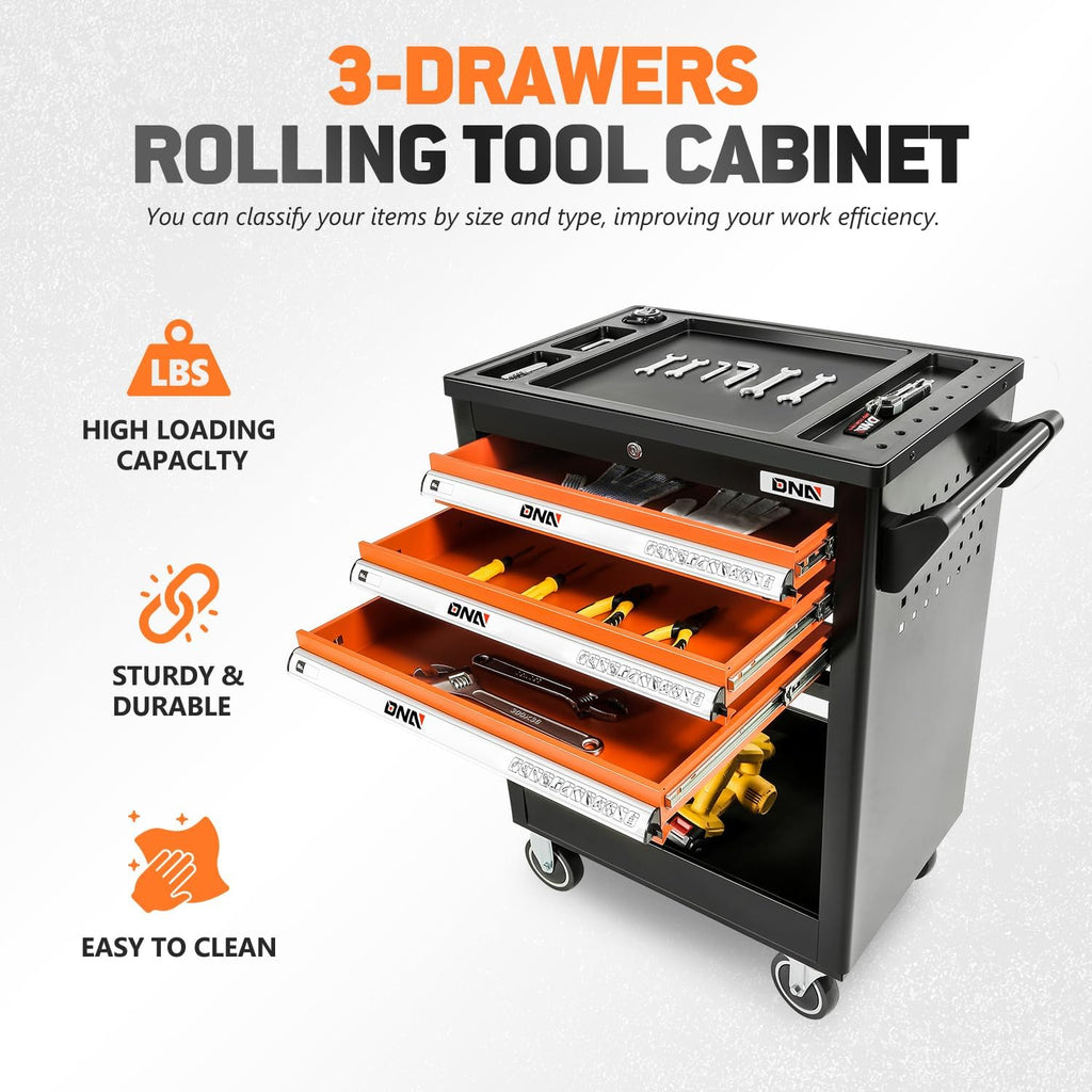 DNA Motoring 3-Drawer Rolling Tools Chest, Rolling Tool Storage Cabinet, Heavy Duty Mechanic Tool Cart, Trolley Organizer for Garage, Warehouse, Workshop, Black/Orange, TOOLS-00404
