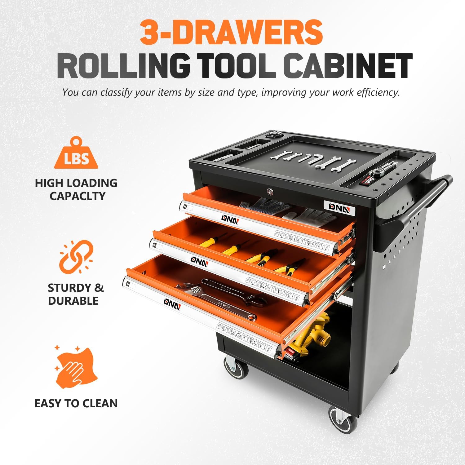 DNA Motoring 3-Drawer Rolling Tools Chest, Rolling Tool Storage Cabinet, Heavy Duty Mechanic Tool Cart, Trolley Organizer for Garage, Warehouse, Workshop, Black/Orange, TOOLS-00404