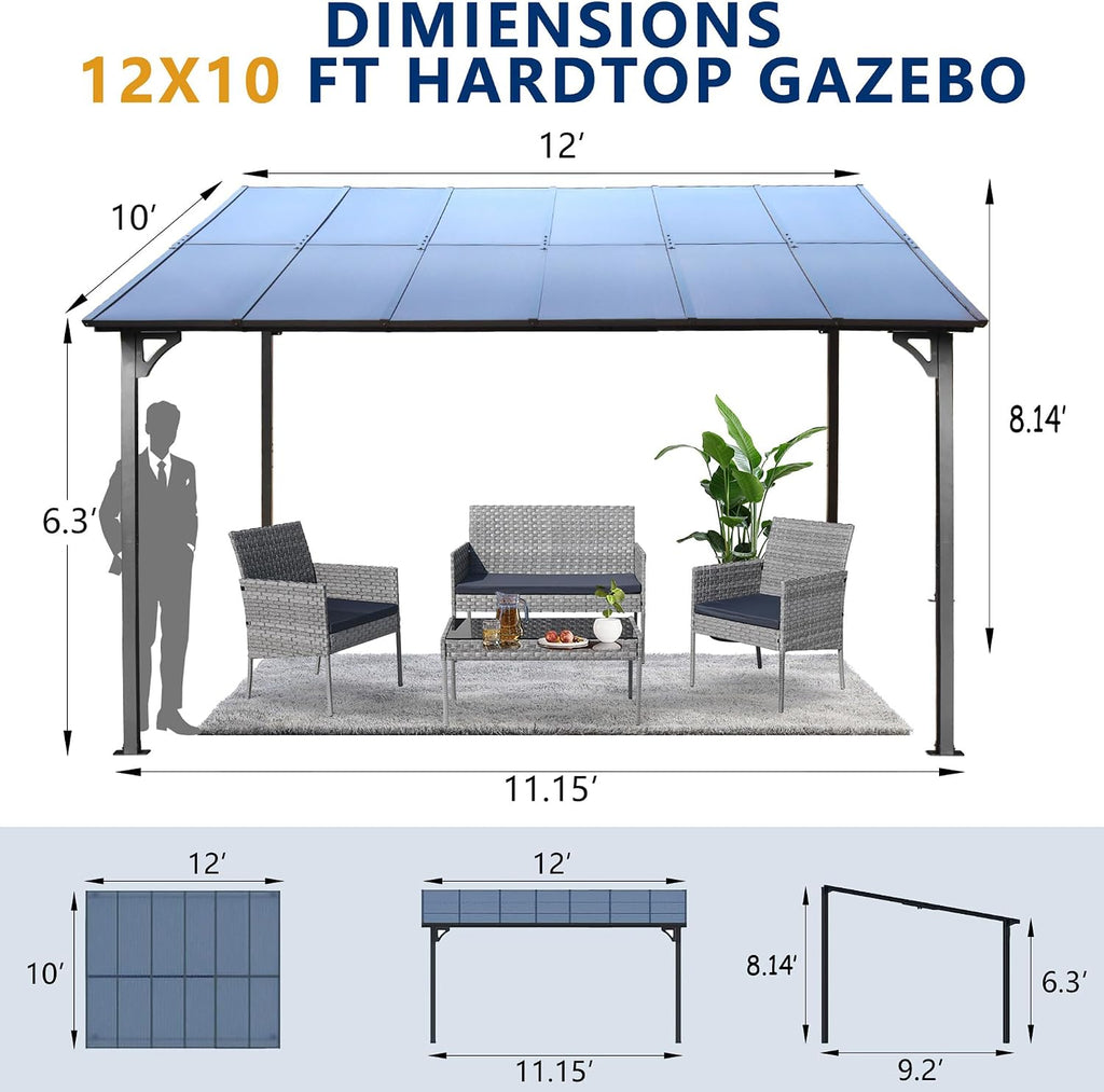10' x 12' Outdoor Pergola Gazebo, Wall-Mounted Lean to Metal Awning Gazebo with Roof, Large Heavy Duty for Patio, Decks, Backyard (10' x 12)