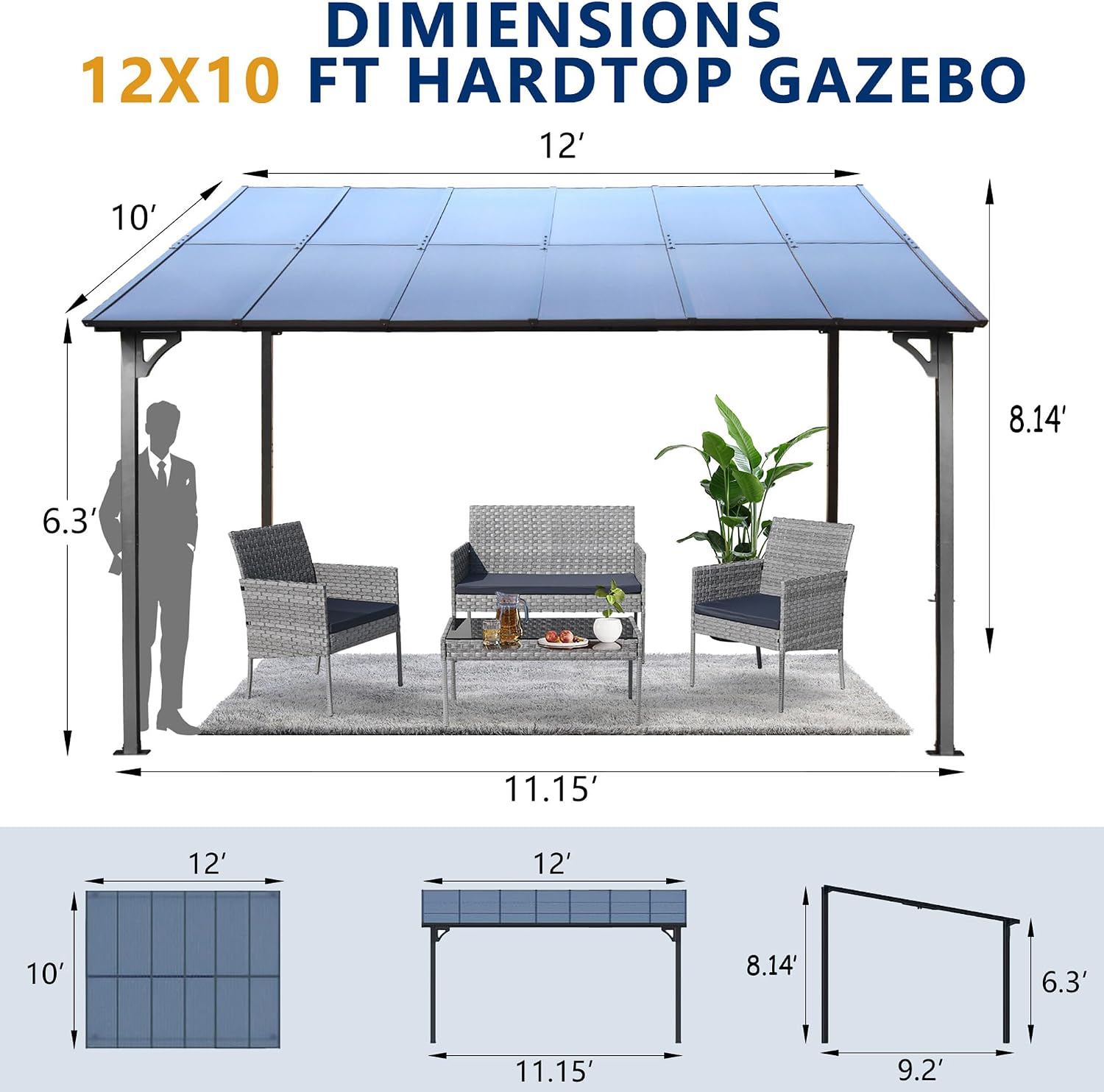10' x 12' Outdoor Pergola Gazebo, Wall-Mounted Lean to Metal Awning Gazebo with Roof, Large Heavy Duty for Patio, Decks, Backyard (10' x 12)