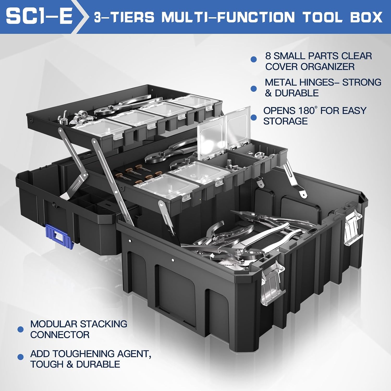 4 Tier Stackable Rolling Tool Box with Wheels | Modular Tool Organizer Box Storage System | Portable Tool Box with Drawers | Tough and Durable | for Garage Storage | Home Repairs | Professional Work